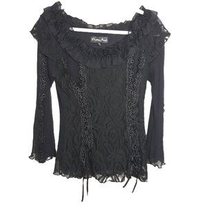 Pretty Angel Black Floral Silk Blend Mesh Lace Up Detail Top S Whimsigoth Fairy